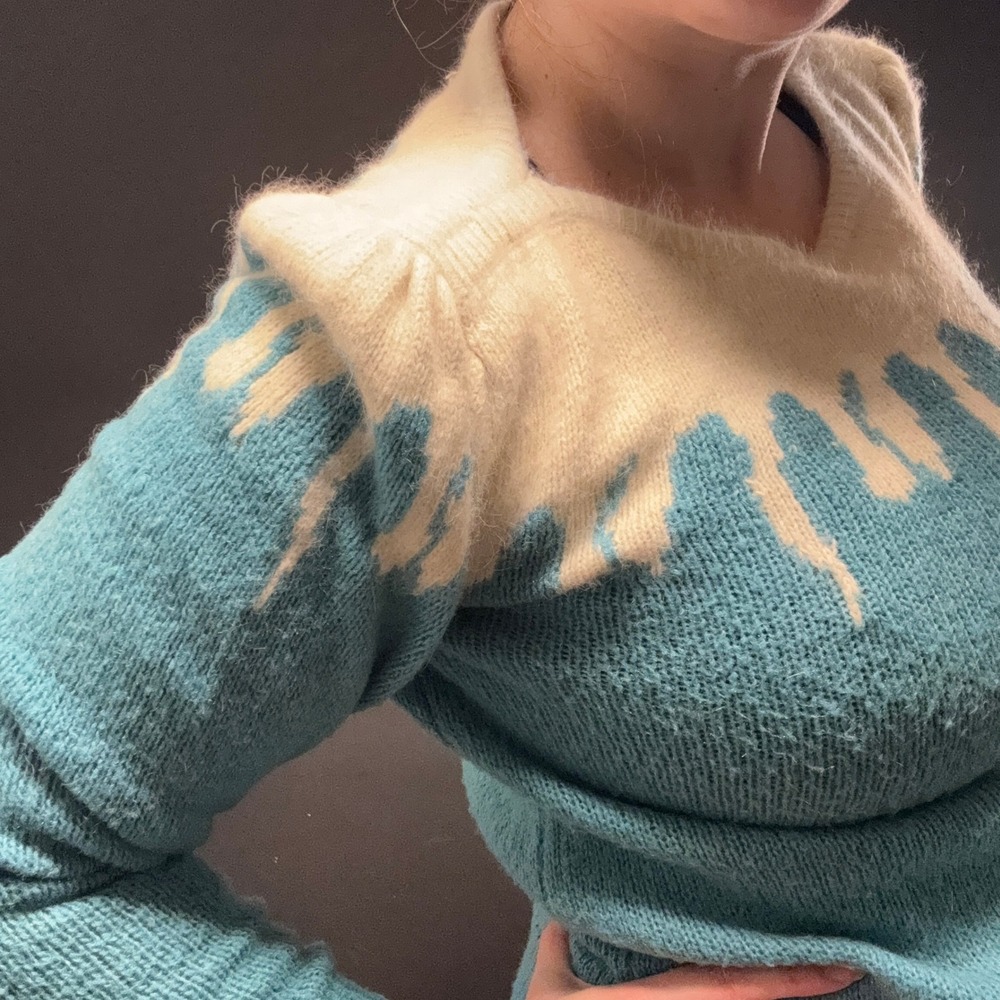 Vtg 80s Mohair Wool Icicle Knit Sweater Turquoise Ice Cream Maximalist Large Fun